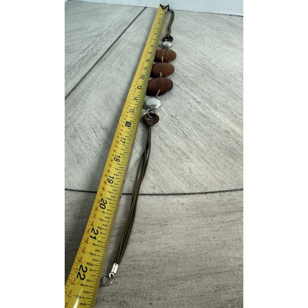 Chunky Round Wood Disc & Textured Silver Statement Necklace Rope Cord Boho